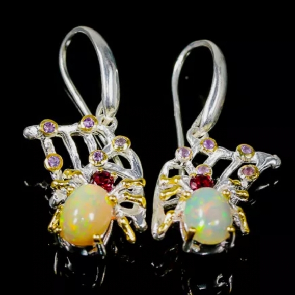 Incredible Opal Set Sterling Spiders Amethyst & Ruby earrings &ring size 8 - Picture 5 of 15